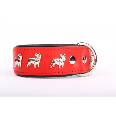 Francia Bulldog bőr nyakörv - Piros/Fekete - 40mm x 55cm